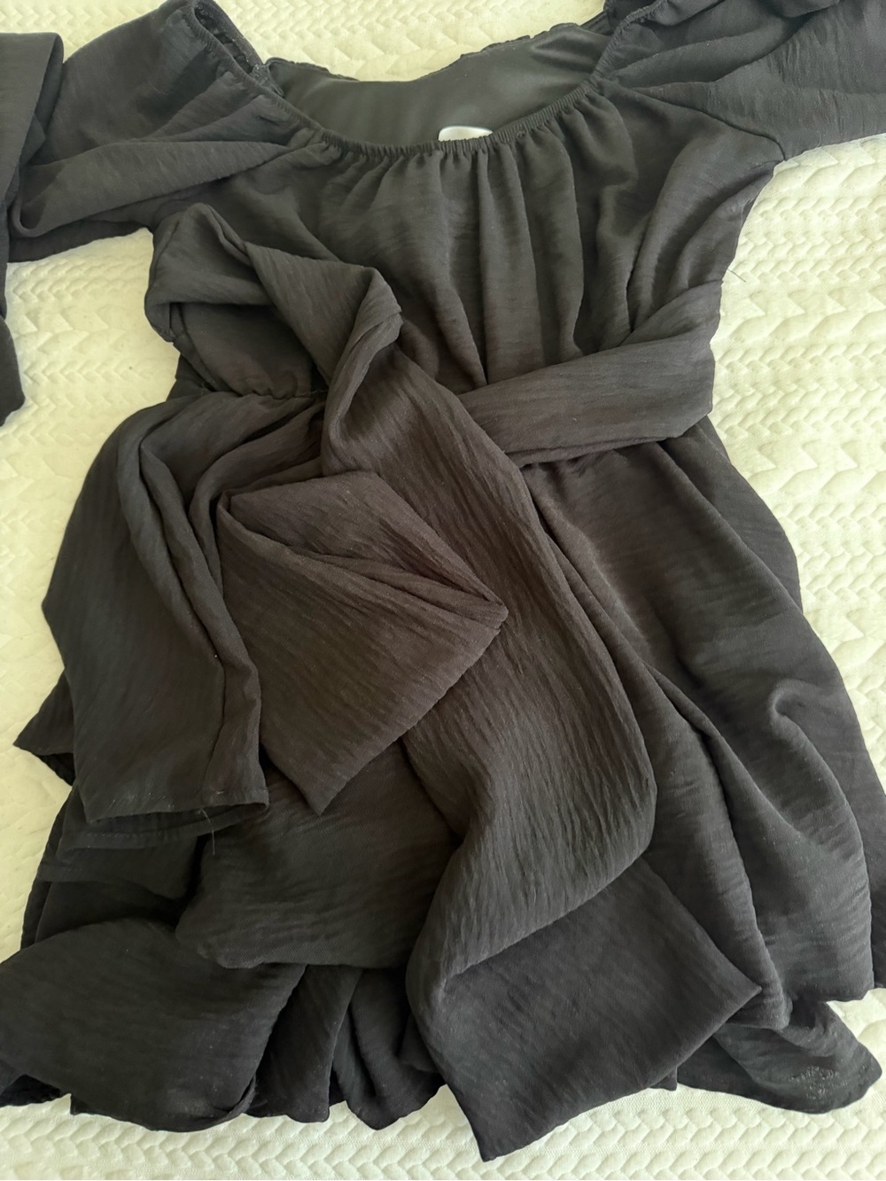 Altar'd State Black Off-Shoulder Long Sleeve Ruffle Dress with Waist Tie